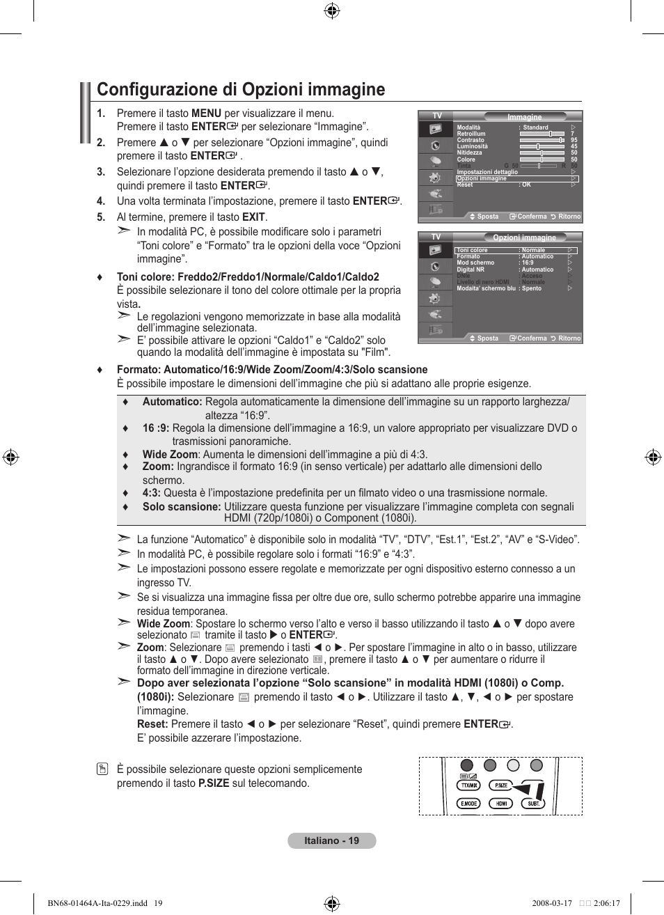 Configurazione di opzioni immagine | Samsung LE32A436T1D User Manual | Page 253 / 468