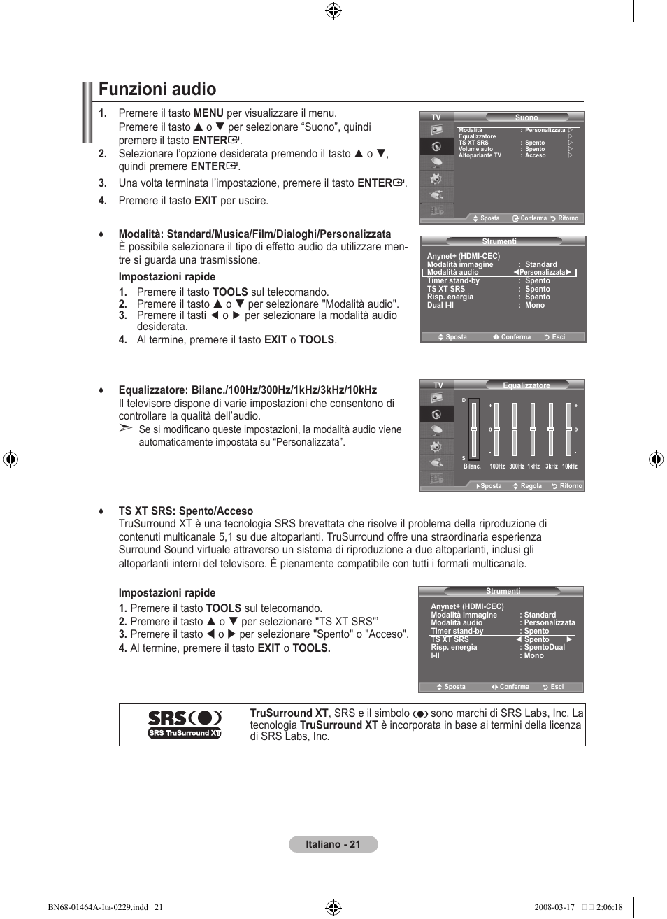 Funzioni audio | Samsung LE32A436T1D User Manual | Page 255 / 468
