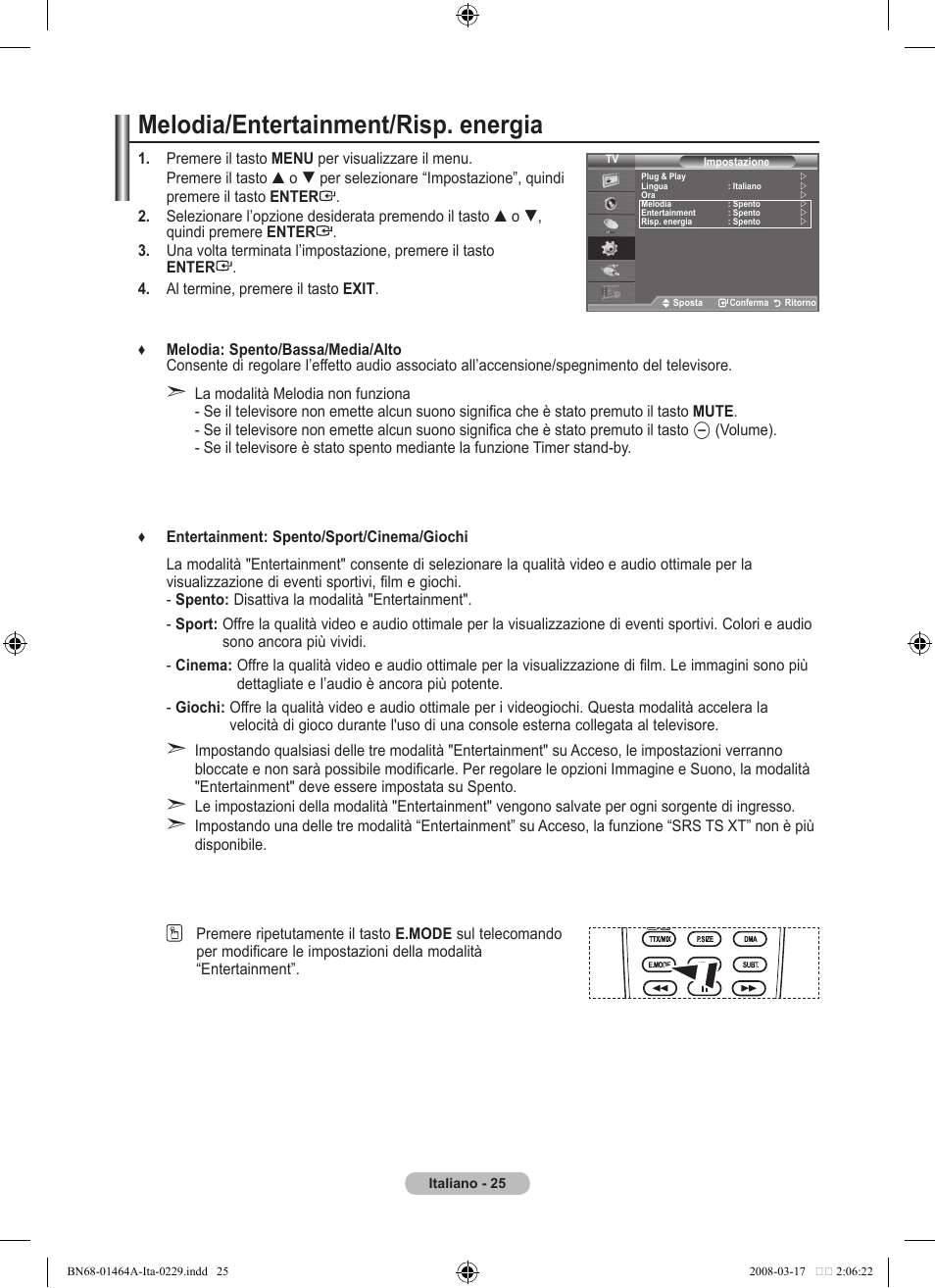 Melodia/entertainment/risp. energia | Samsung LE32A436T1D User Manual | Page 259 / 468