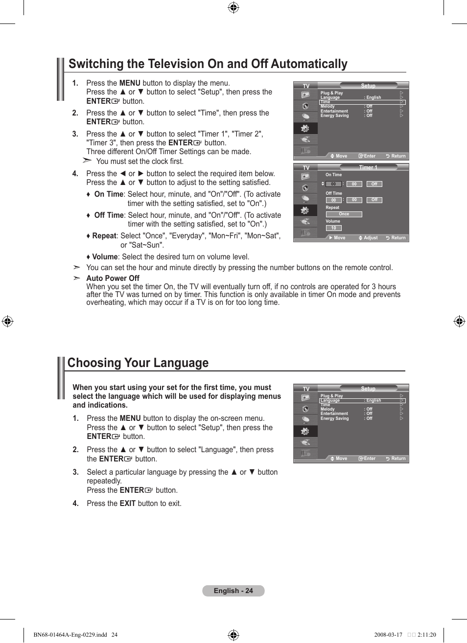 Switching the television on and off automatically, Function description, Choosing your language | Samsung LE32A436T1D User Manual | Page 26 / 468
