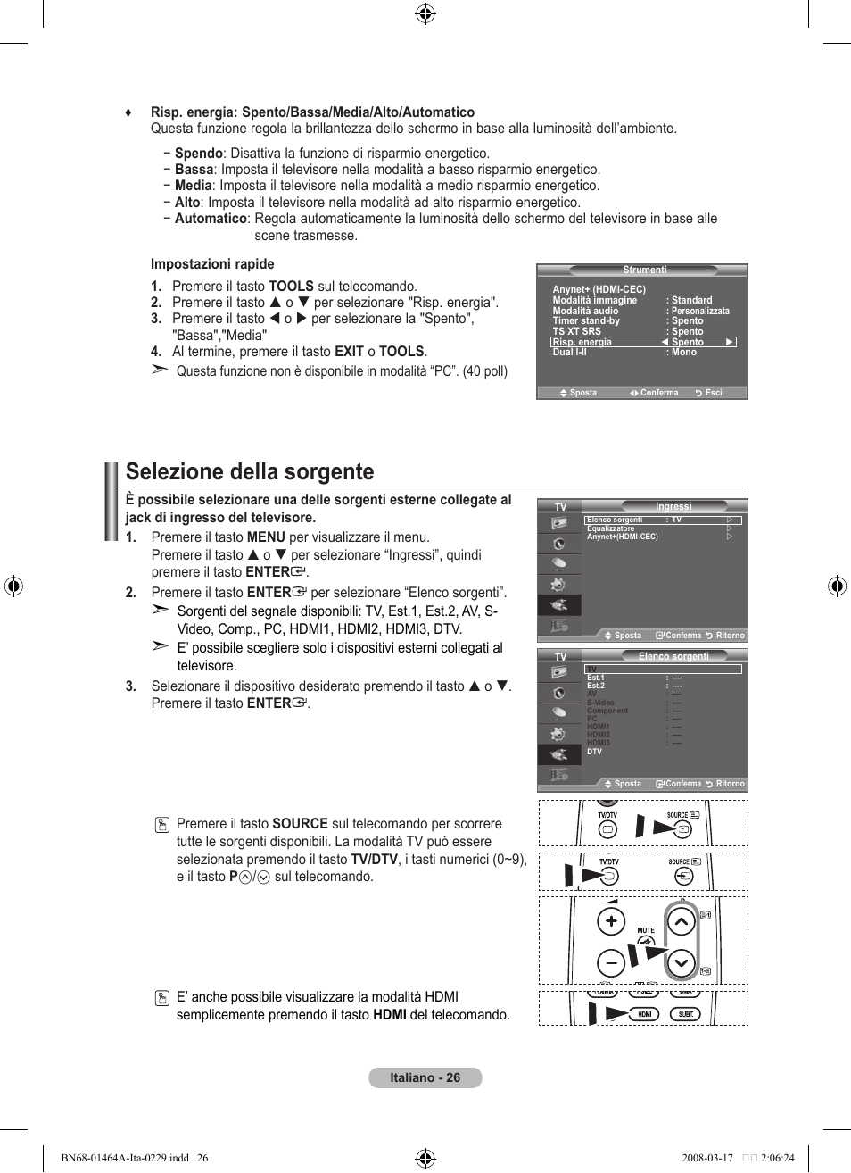 Selezione della sorgente | Samsung LE32A436T1D User Manual | Page 260 / 468