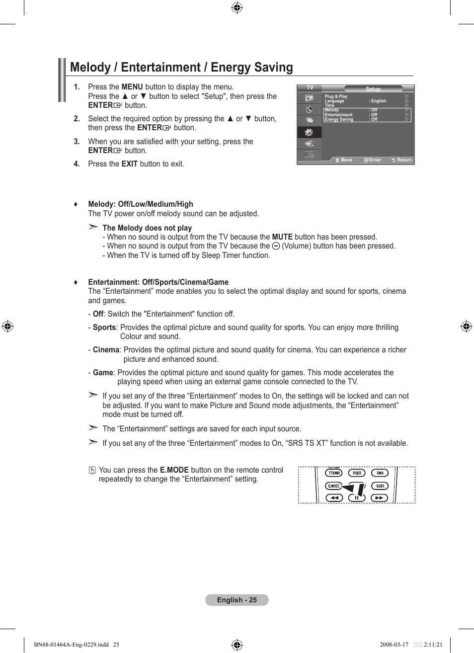 Melody / entertainment / energy saving | Samsung LE32A436T1D User Manual | Page 27 / 468