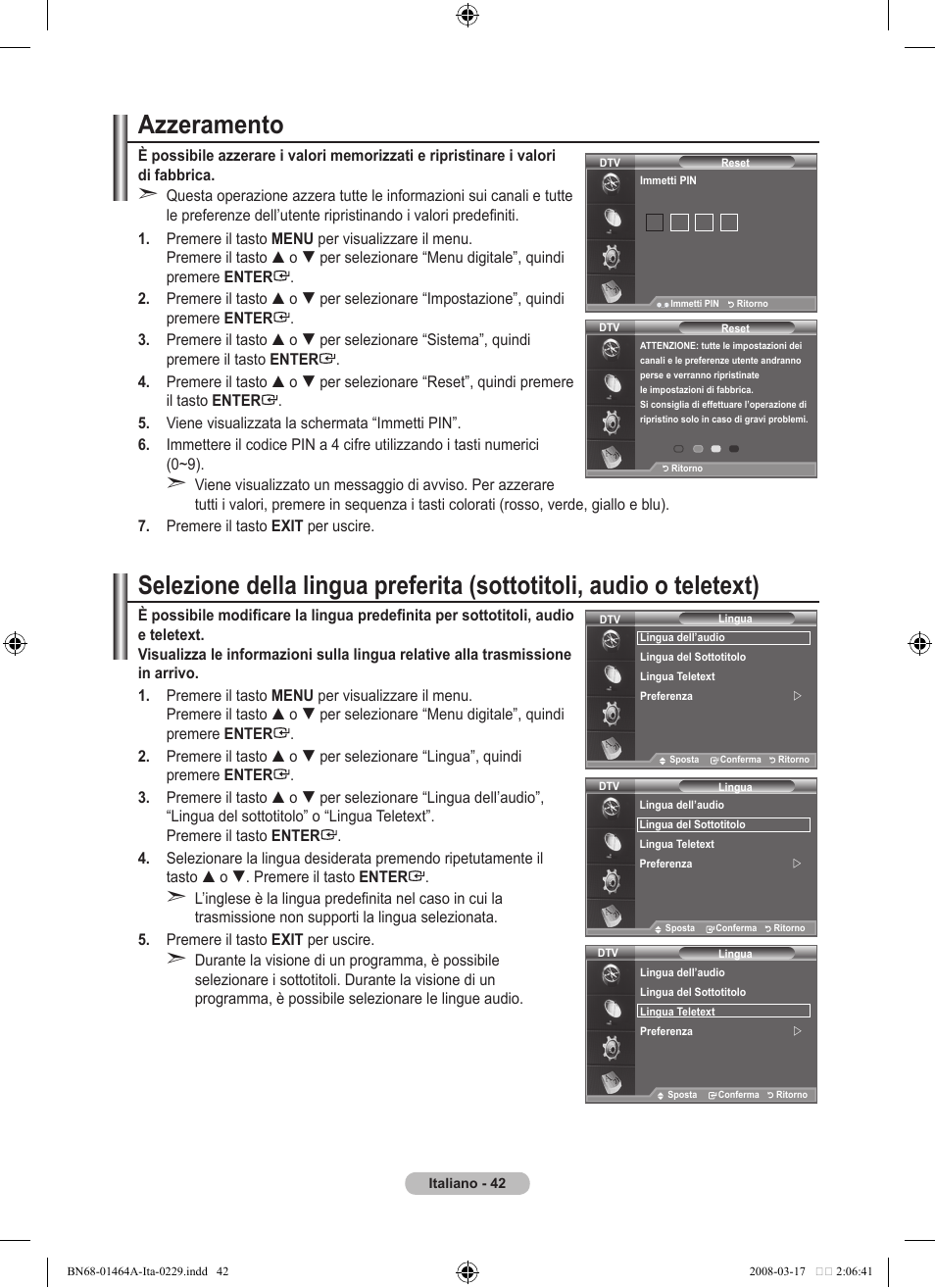 Azzeramento | Samsung LE32A436T1D User Manual | Page 276 / 468