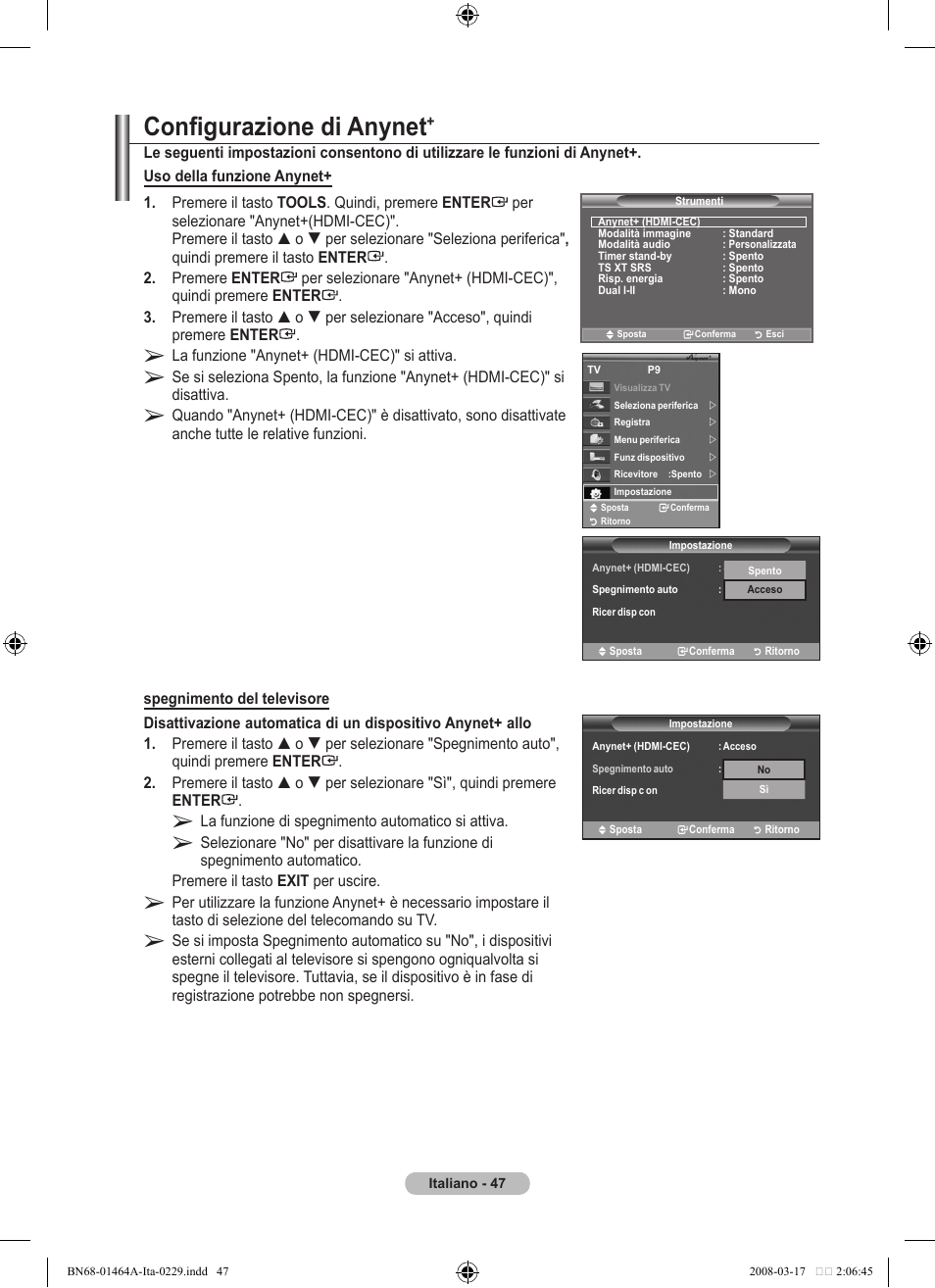 Configurazione di anynet | Samsung LE32A436T1D User Manual | Page 281 / 468
