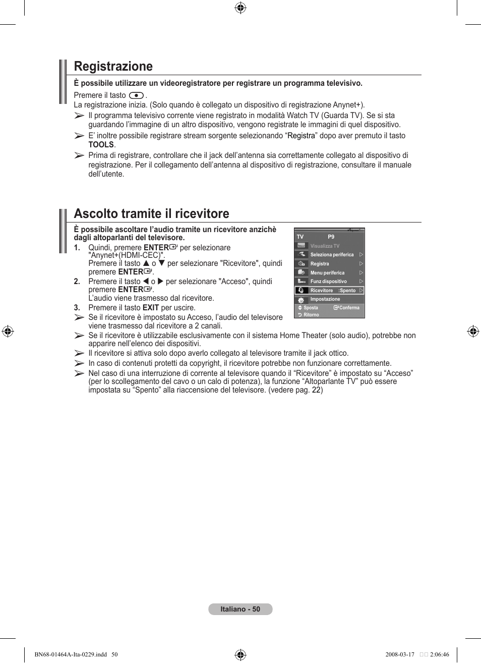 Registrazione, Ascolto tramite il ricevitore | Samsung LE32A436T1D User Manual | Page 284 / 468
