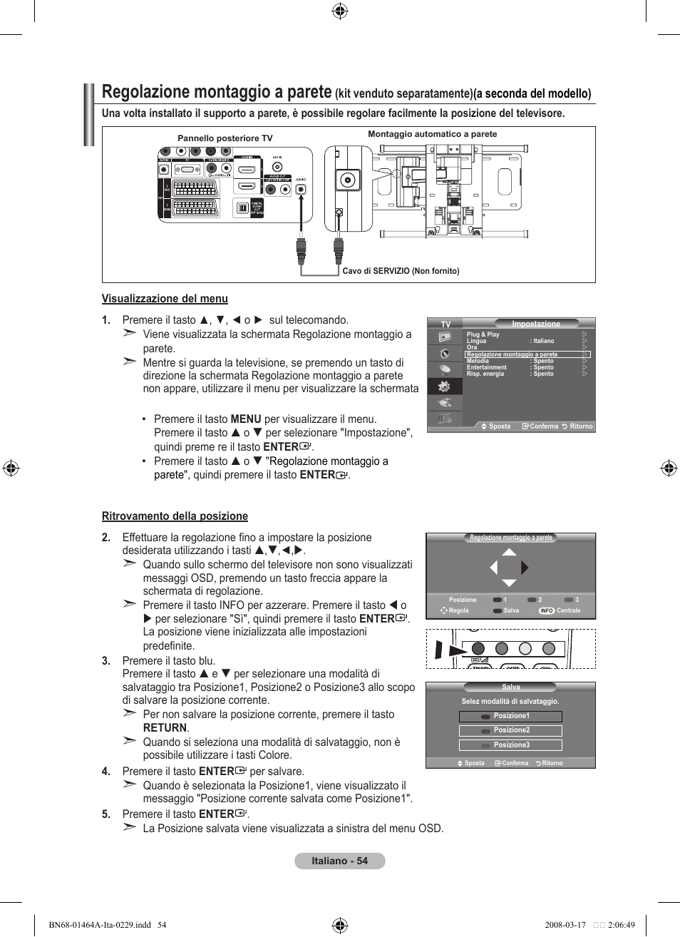 Regolazione montaggio a parete, Kit venduto separatamente) (a seconda del modello) | Samsung LE32A436T1D User Manual | Page 288 / 468
