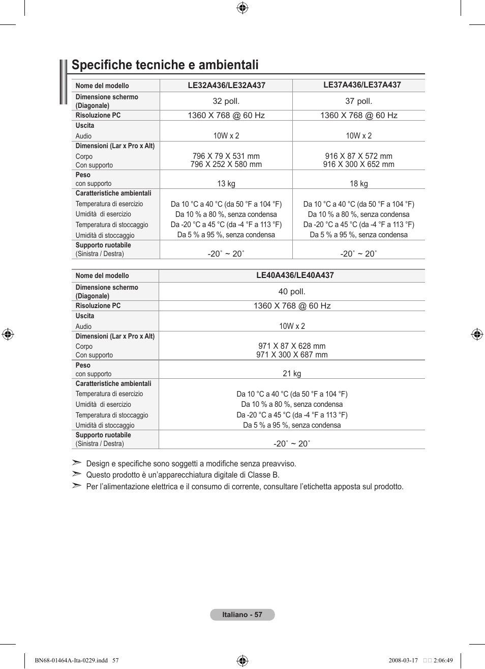 Specifiche tecniche e ambientali | Samsung LE32A436T1D User Manual | Page 291 / 468