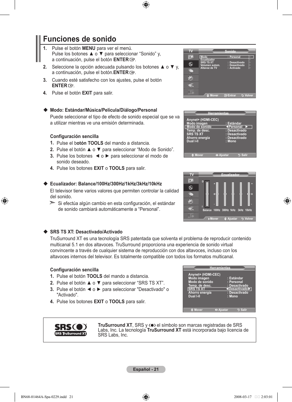 Funciones de sonido | Samsung LE32A436T1D User Manual | Page 315 / 468