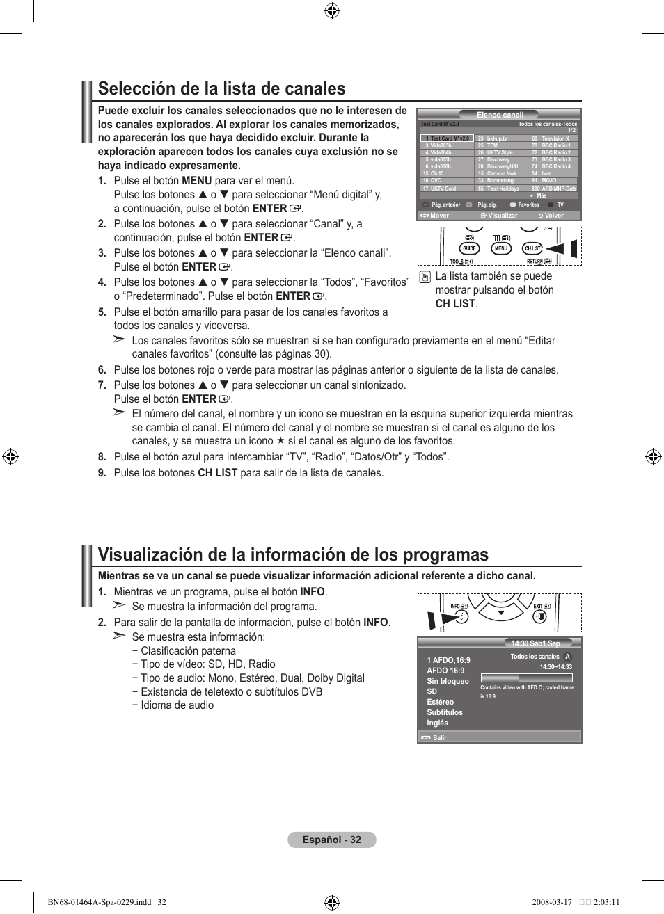 Selección de la lista de canales, Visualización de la información de los programas | Samsung LE32A436T1D User Manual | Page 326 / 468