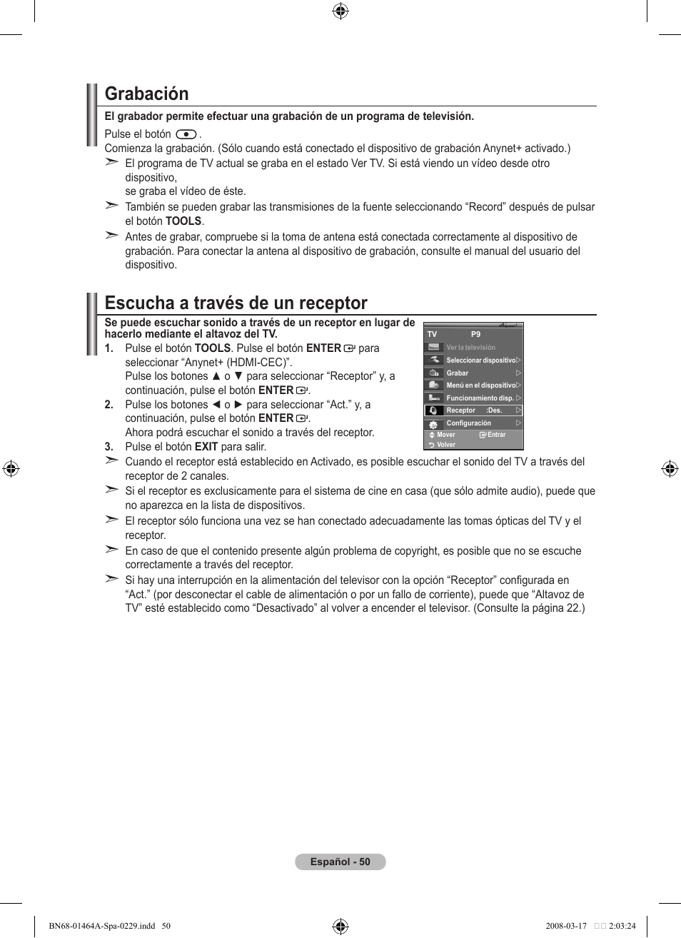 Escucha a través de un receptor, Grabación | Samsung LE32A436T1D User Manual | Page 344 / 468