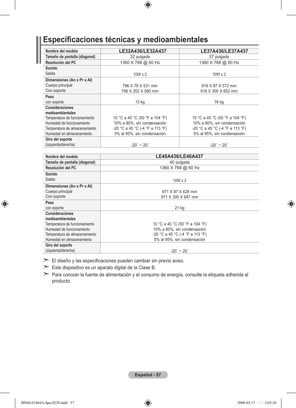 Especificaciones técnicas y medioambientales | Samsung LE32A436T1D User Manual | Page 351 / 468