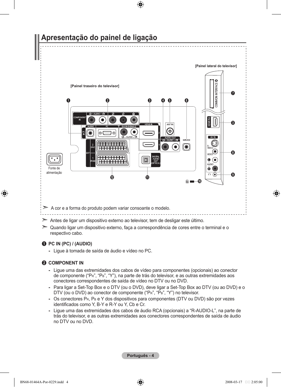 Apresentação do painel de ligação | Samsung LE32A436T1D User Manual | Page 356 / 468