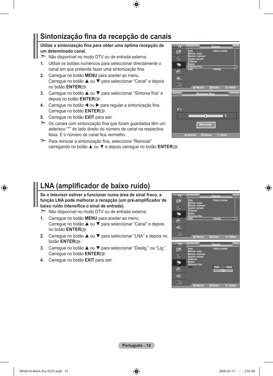 Sintonização fina da recepção de canais, Lna (amplificador de baixo ruído) | Samsung LE32A436T1D User Manual | Page 367 / 468