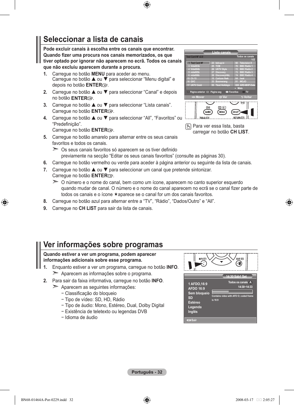 Seleccionar a lista de canais, Ver informações sobre programas | Samsung LE32A436T1D User Manual | Page 384 / 468