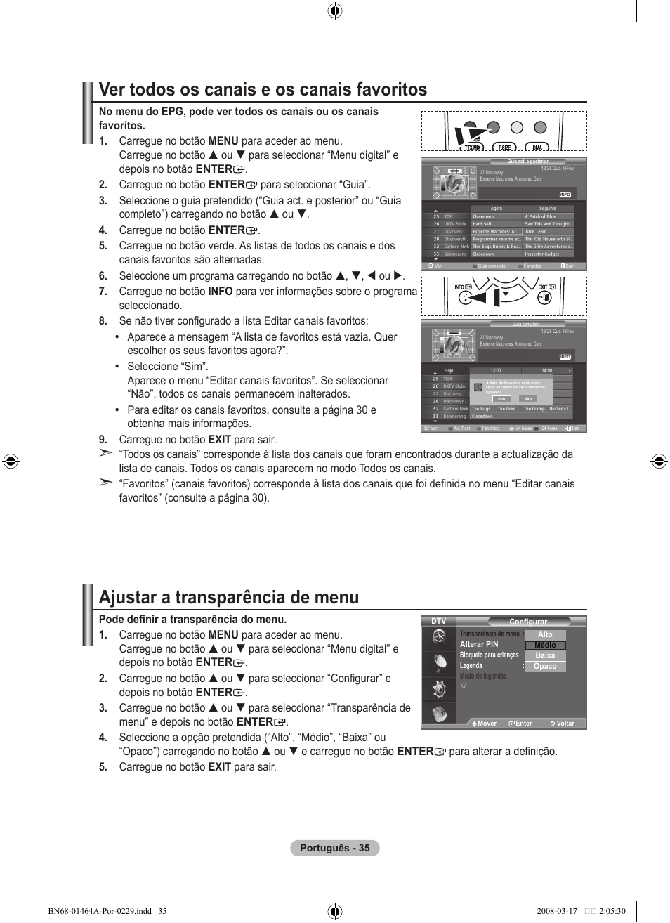 Ver todos os canais e os canais favoritos, Ajustar a transparência de menu | Samsung LE32A436T1D User Manual | Page 387 / 468