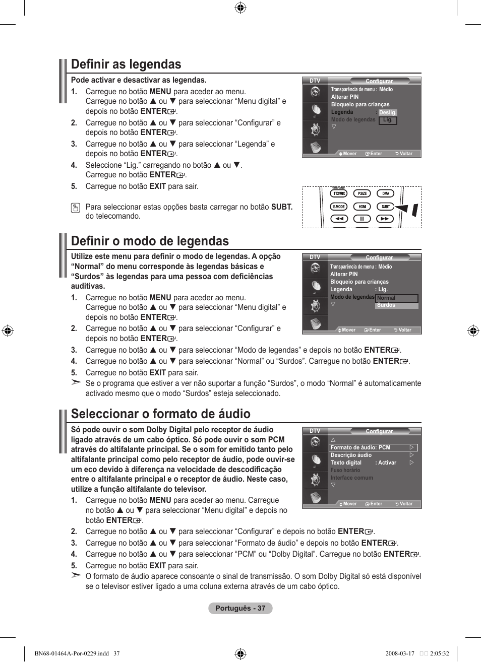 Definir as legendas, Definir o modo de legendas, Seleccionar o formato de áudio | Samsung LE32A436T1D User Manual | Page 389 / 468