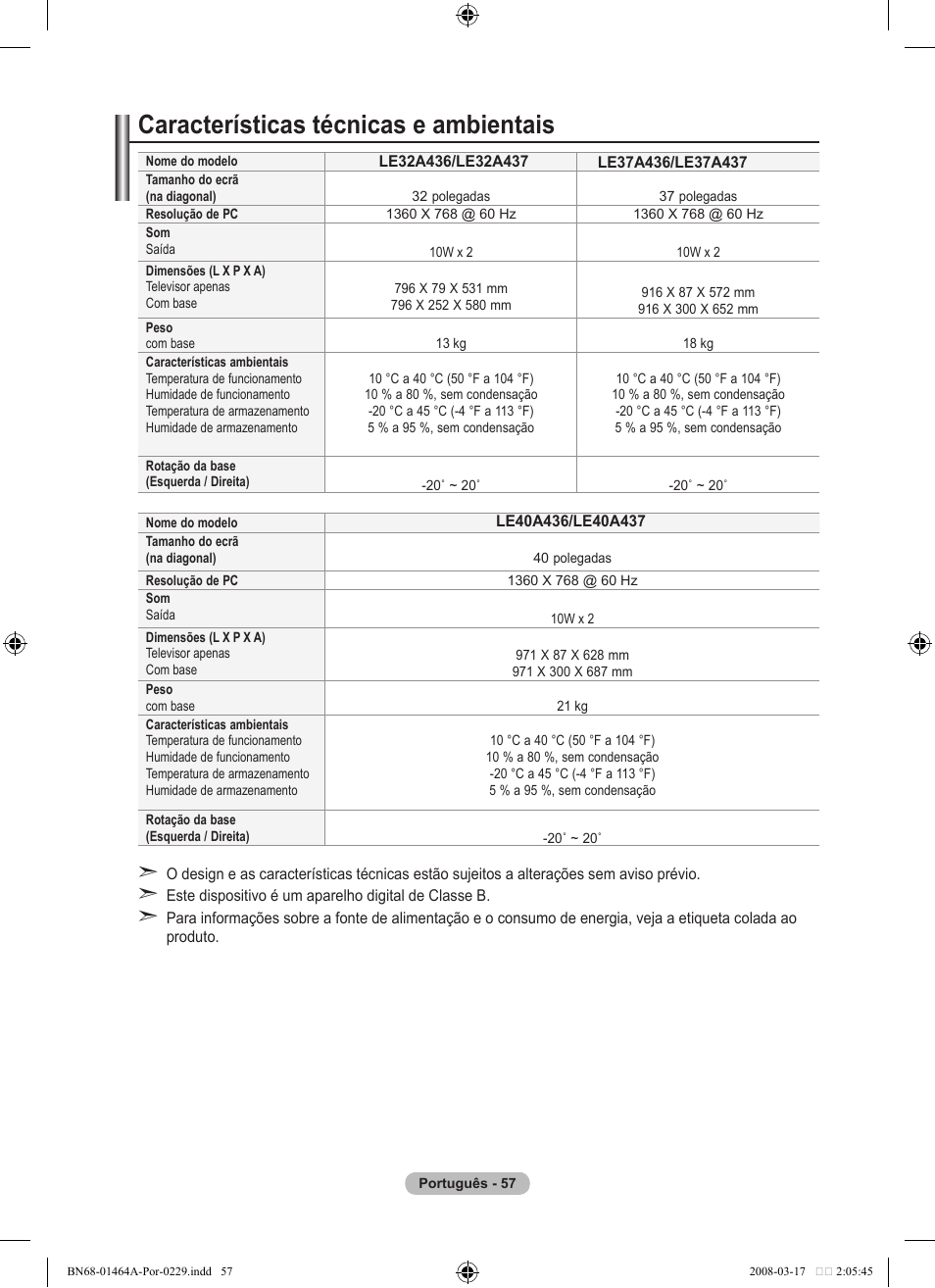 Características técnicas e ambientais | Samsung LE32A436T1D User Manual | Page 409 / 468