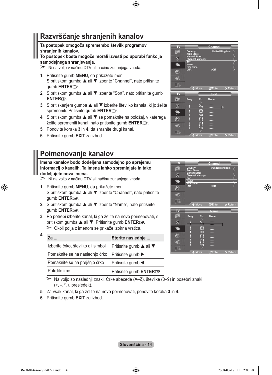 Razvrščanje shranjenih kanalov, Poimenovanje kanalov | Samsung LE32A436T1D User Manual | Page 424 / 468
