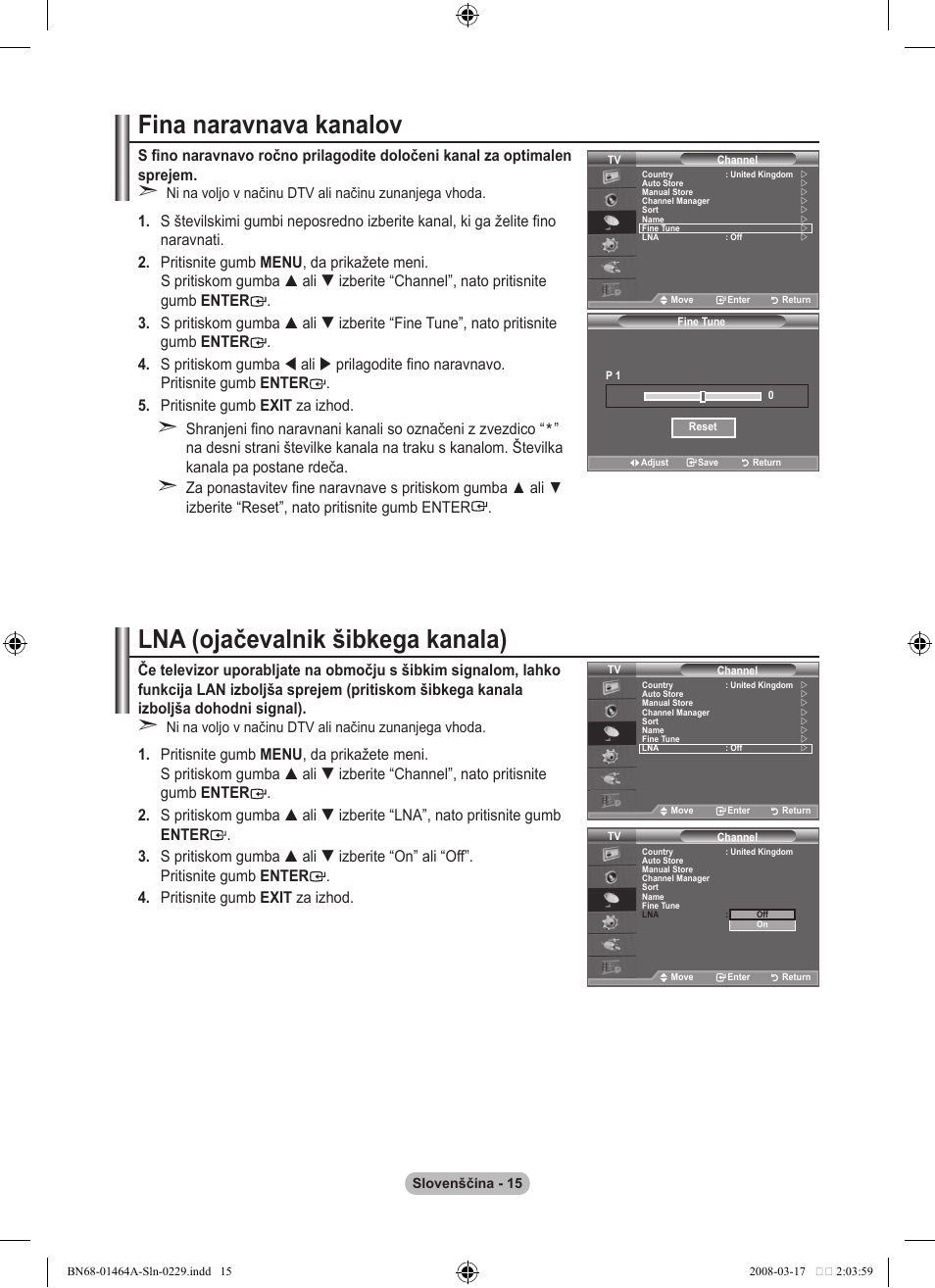 Fina naravnava kanalov, Lna (ojačevalnik šibkega kanala) | Samsung LE32A436T1D User Manual | Page 425 / 468