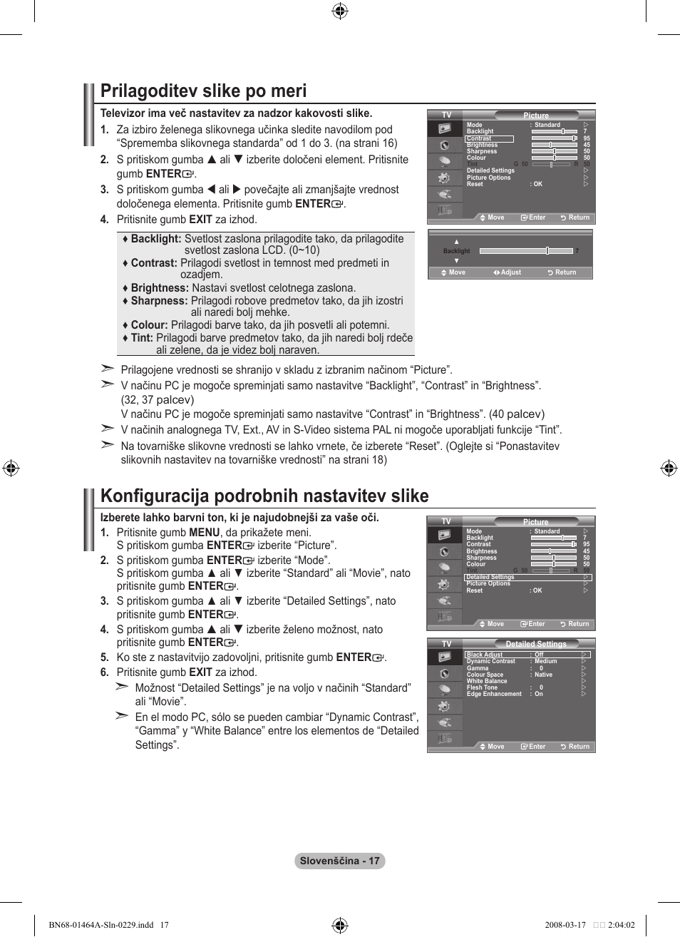 Prilagoditev slike po meri, Konfiguracija podrobnih nastavitev slike | Samsung LE32A436T1D User Manual | Page 427 / 468