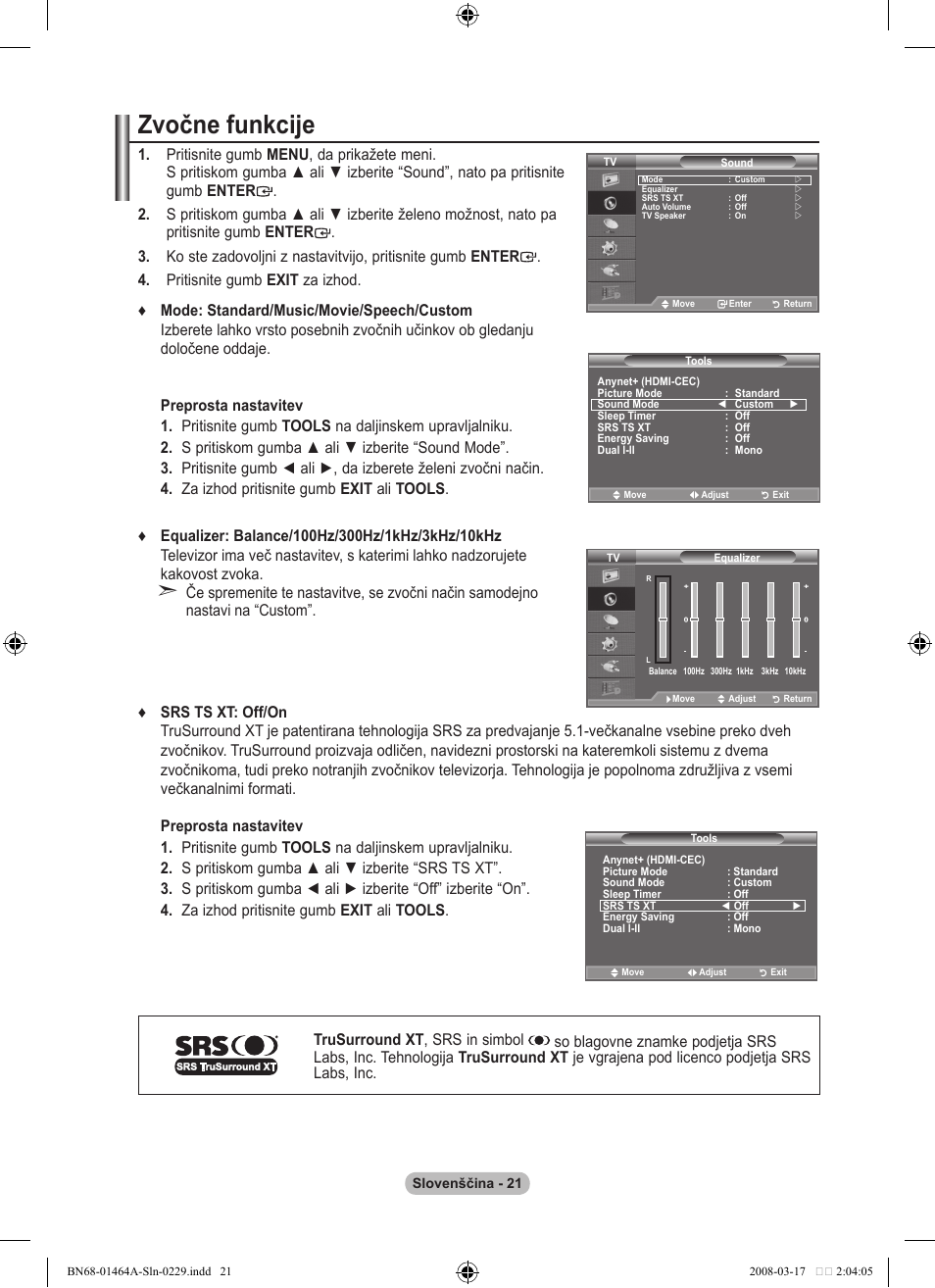 Zvočne funkcije | Samsung LE32A436T1D User Manual | Page 431 / 468