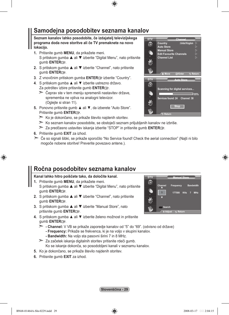 Samodejna posodobitev seznama kanalov, Ročna posodobitev seznama kanalov | Samsung LE32A436T1D User Manual | Page 439 / 468