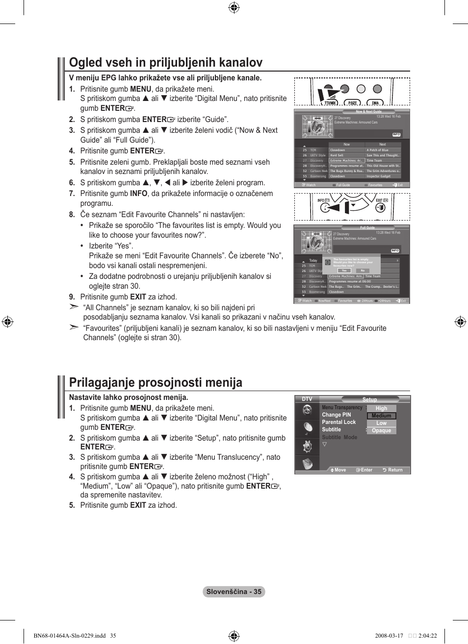 Ogled vseh in priljubljenih kanalov, Prilagajanje prosojnosti menija | Samsung LE32A436T1D User Manual | Page 445 / 468
