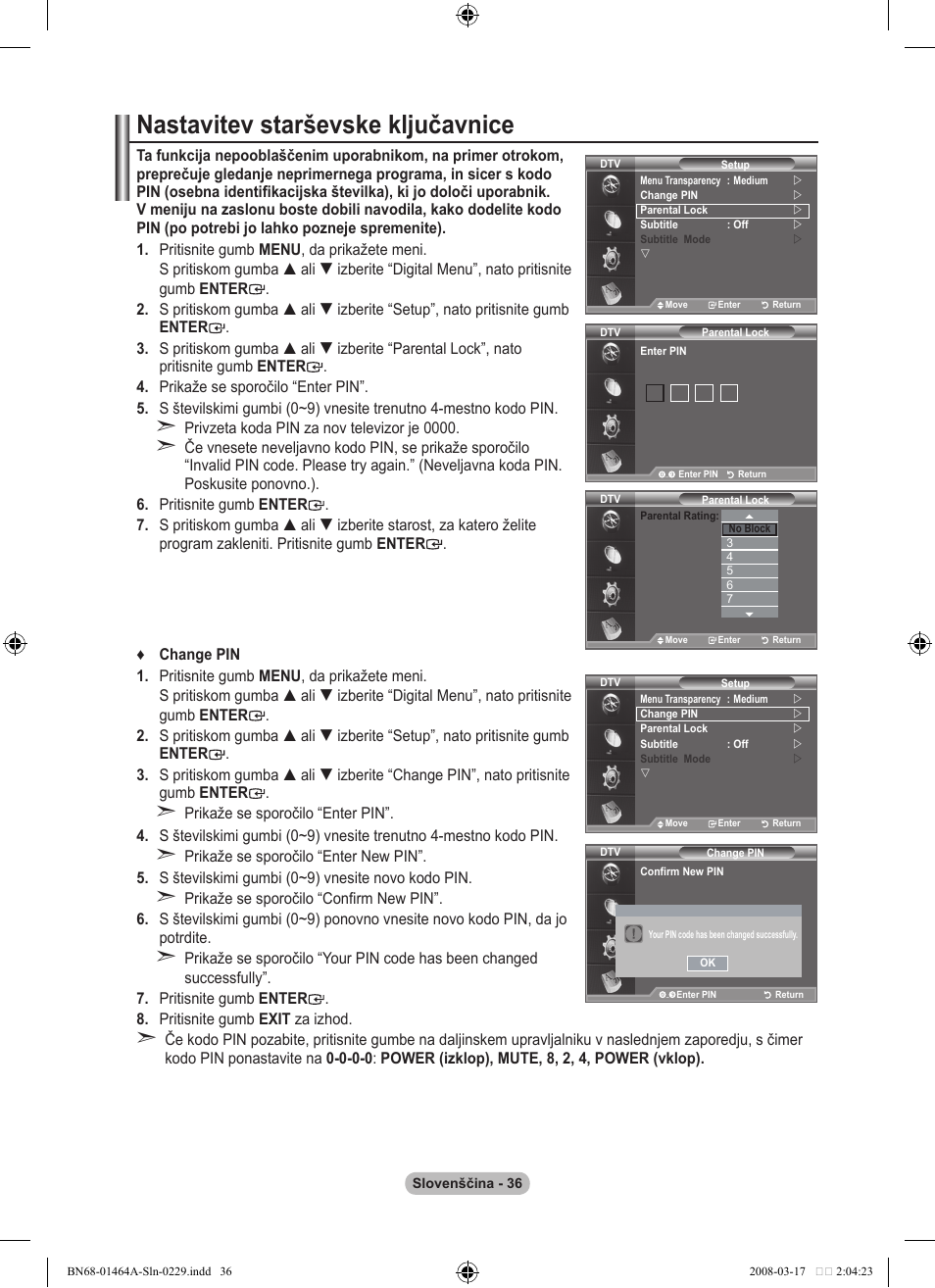 Nastavitev starševske ključavnice | Samsung LE32A436T1D User Manual | Page 446 / 468