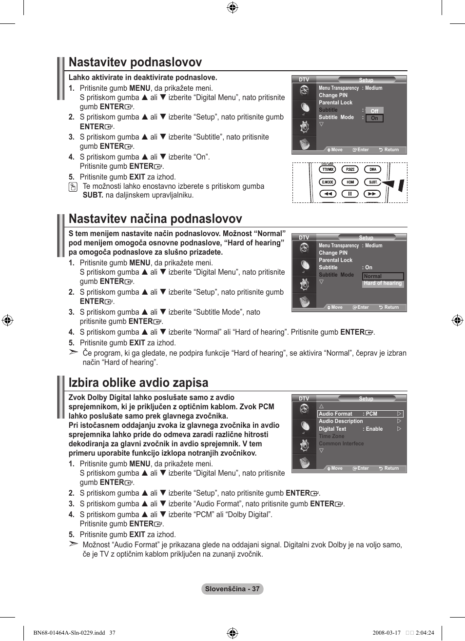 Nastavitev podnaslovov, Nastavitev načina podnaslovov, Izbira oblike avdio zapisa | Samsung LE32A436T1D User Manual | Page 447 / 468