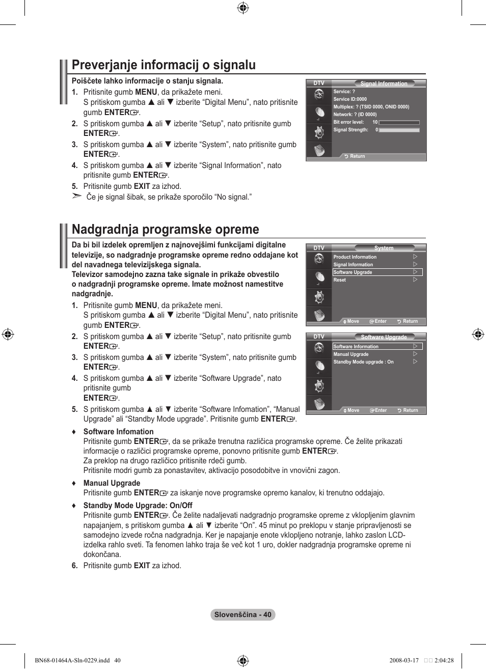 Preverjanje informacij o signalu, Nadgradnja programske opreme | Samsung LE32A436T1D User Manual | Page 450 / 468