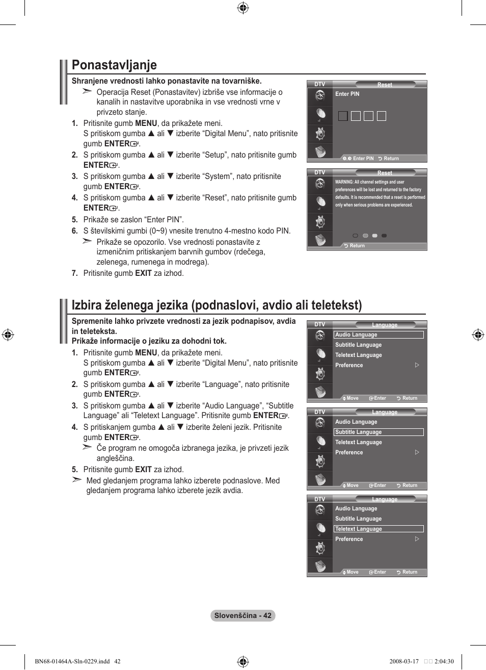 Ponastavljanje | Samsung LE32A436T1D User Manual | Page 452 / 468