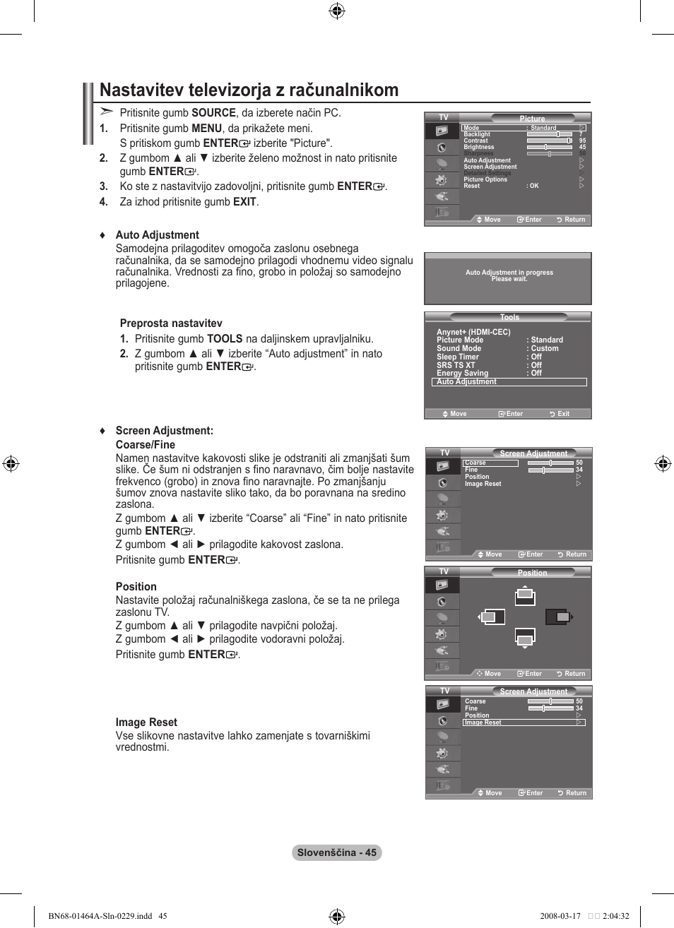 Nastavitev televizorja z računalnikom | Samsung LE32A436T1D User Manual | Page 455 / 468