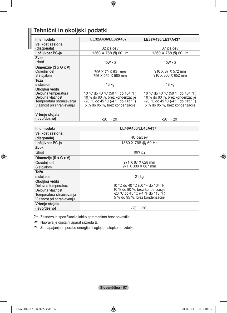 Tehnični in okoljski podatki | Samsung LE32A436T1D User Manual | Page 467 / 468
