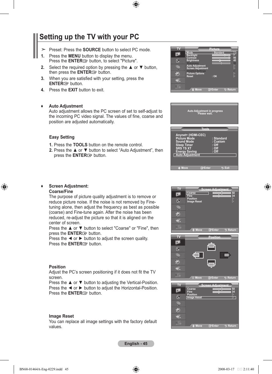 Setting up the tv with your pc | Samsung LE32A436T1D User Manual | Page 47 / 468