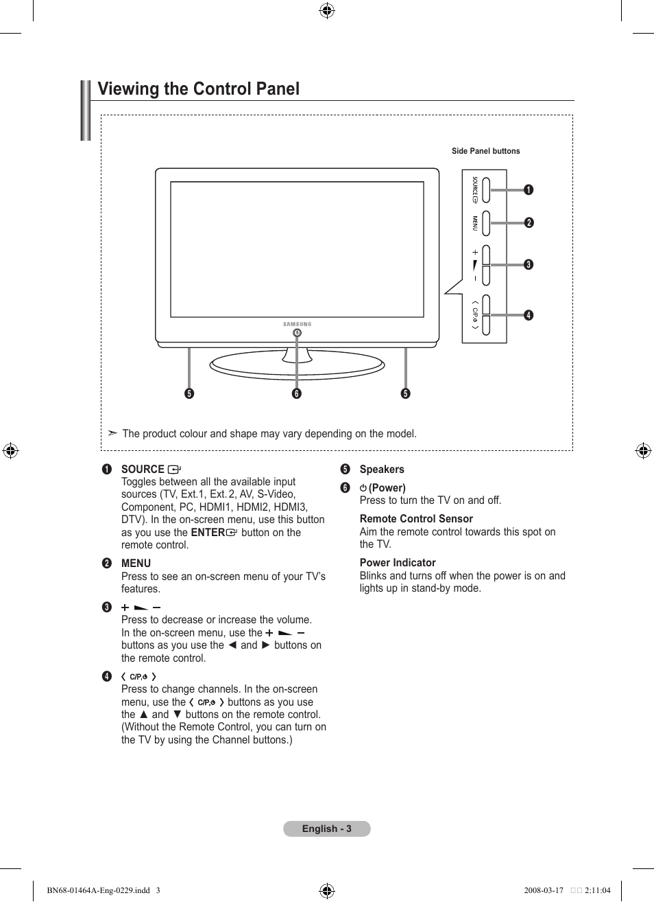 Viewing the control panel | Samsung LE32A436T1D User Manual | Page 5 / 468