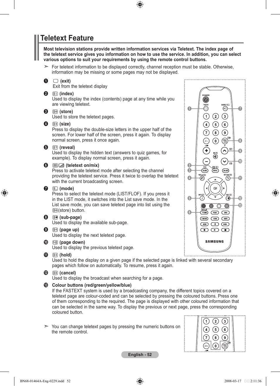 Recomendations for use, Teletext feature | Samsung LE32A436T1D User Manual | Page 54 / 468