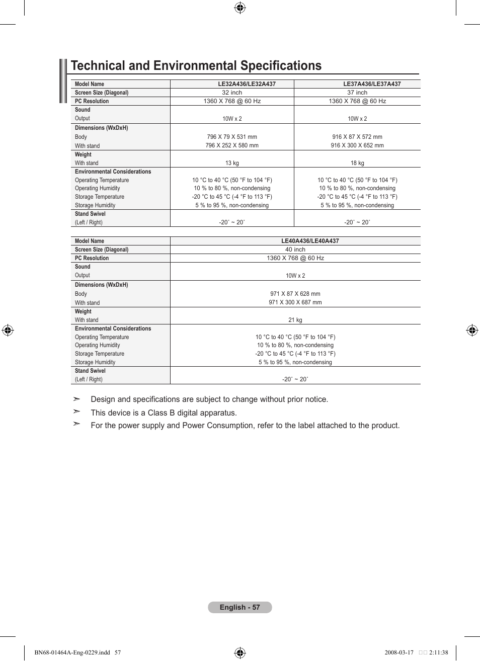 Technical and environmental specifications | Samsung LE32A436T1D User Manual | Page 59 / 468