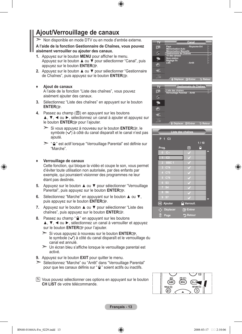 Ajout/verrouillage de canaux | Samsung LE32A436T1D User Manual | Page 73 / 468