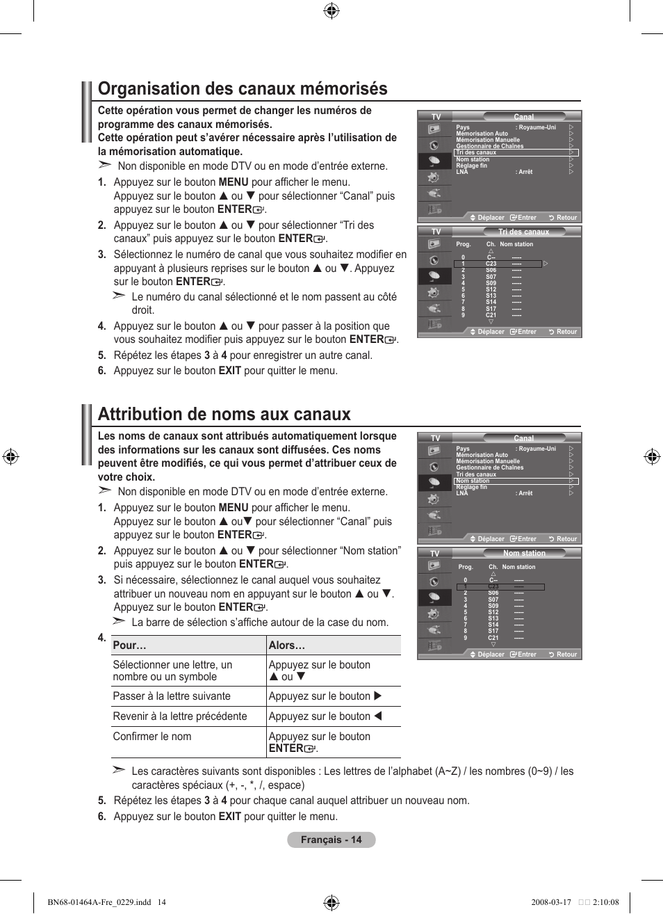 Organisation des canaux mémorisés, Attribution de noms aux canaux | Samsung LE32A436T1D User Manual | Page 74 / 468