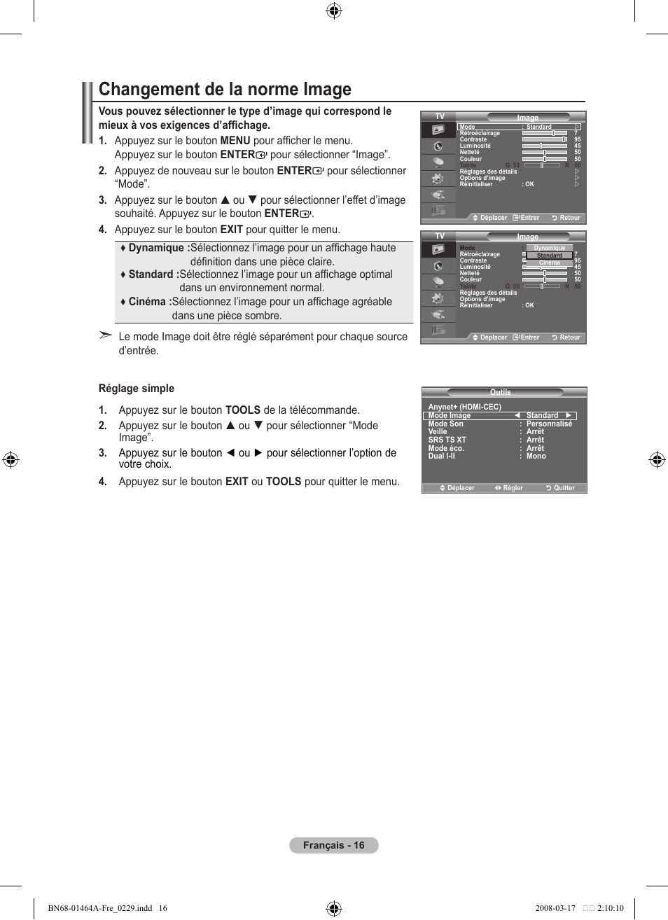 Changement de la norme image | Samsung LE32A436T1D User Manual | Page 76 / 468