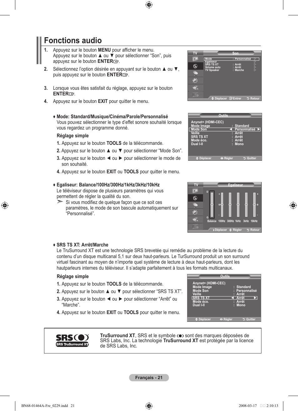 Fonctions audio | Samsung LE32A436T1D User Manual | Page 81 / 468