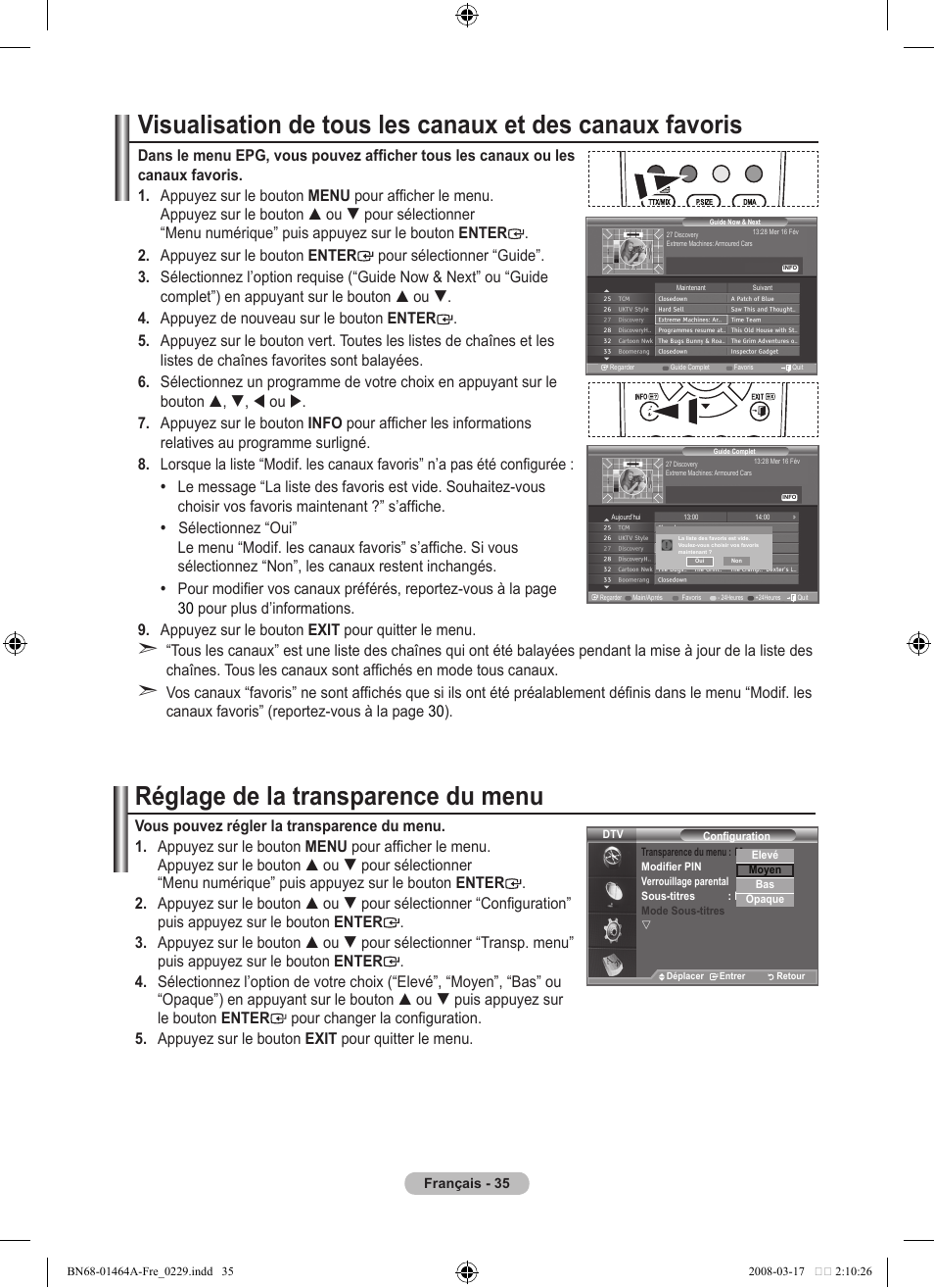 Réglage de la transparence du menu | Samsung LE32A436T1D User Manual | Page 95 / 468