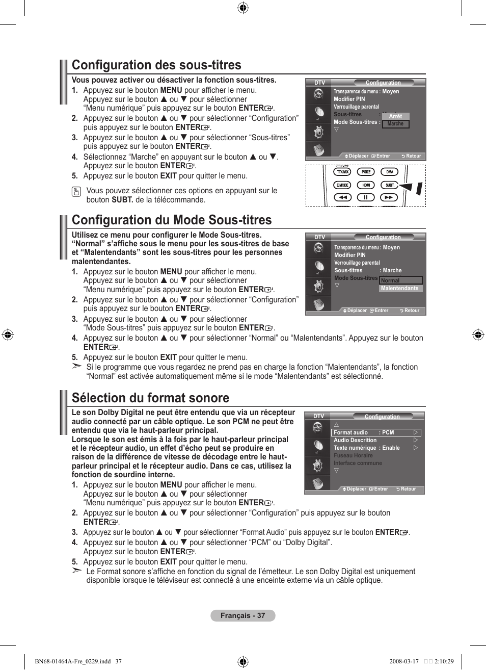 Configuration des sous-titres, Configuration du mode sous-titres, Sélection du format sonore | Samsung LE32A436T1D User Manual | Page 97 / 468