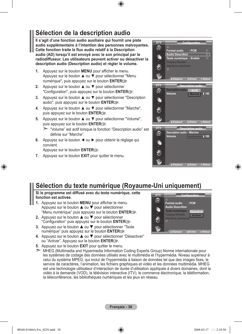 Sélection de la description audio | Samsung LE32A436T1D User Manual | Page 98 / 468