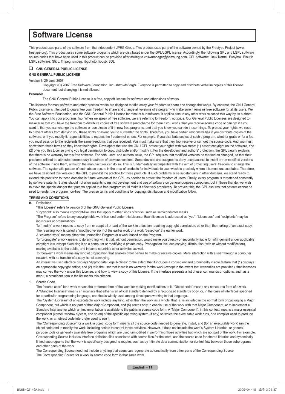 Software license | Samsung PS58B850Y1P User Manual | Page 11 / 95