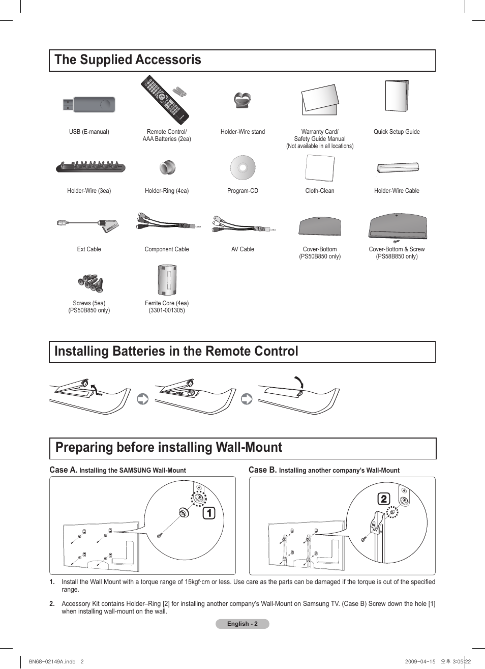 The supplied accessoris | Samsung PS58B850Y1P User Manual | Page 2 / 95