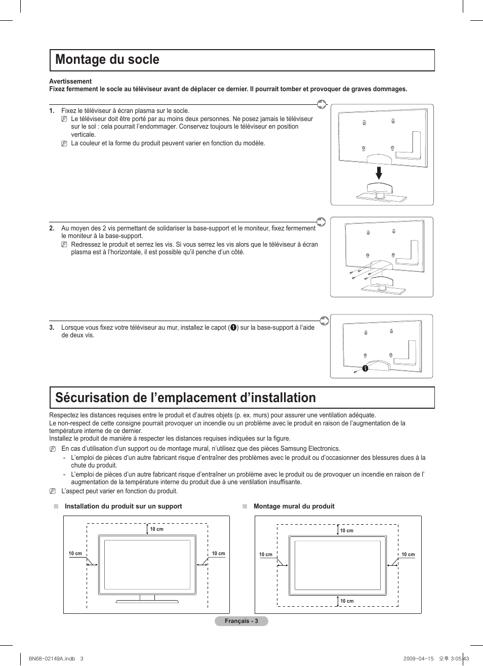 Montage du socle, Sécurisation de l’emplacement d’installation | Samsung PS58B850Y1P User Manual | Page 21 / 95