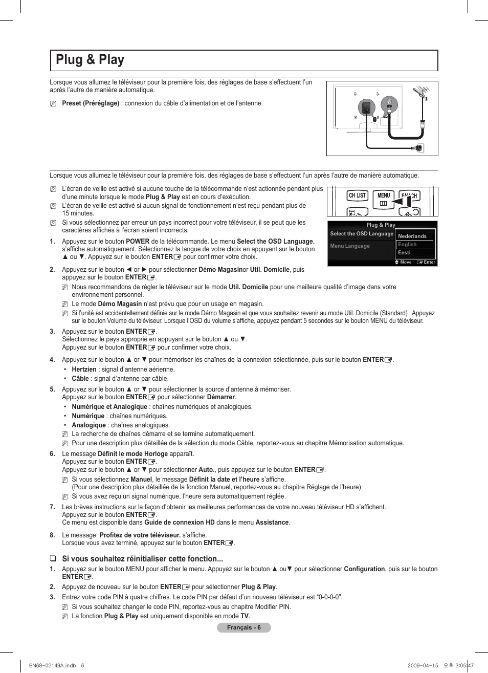 Plug & play, Vol ch, Chlist menu fav.ch p.size mts srs p.mode cc s.mode | Samsung PS58B850Y1P User Manual | Page 24 / 95