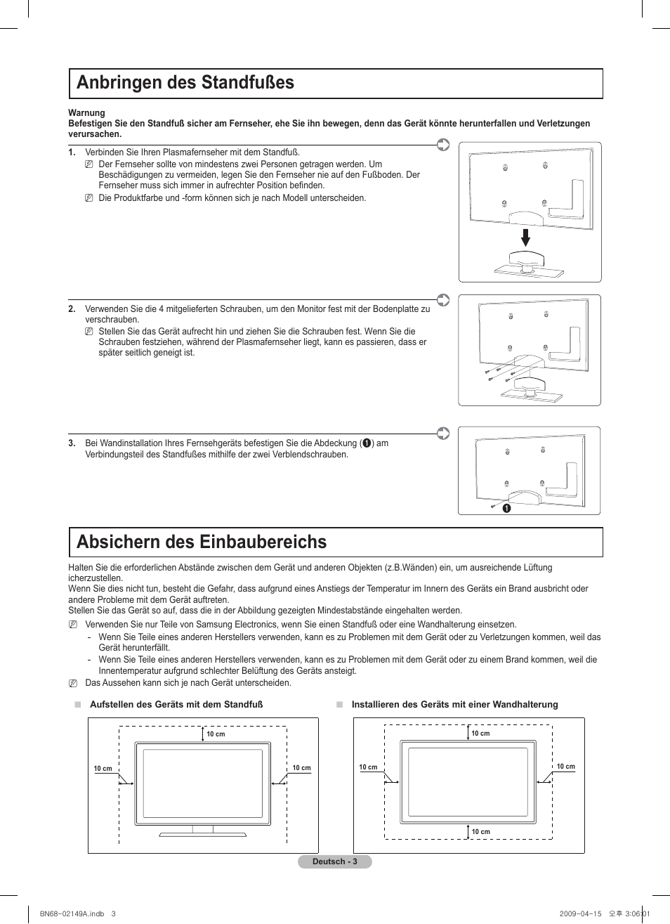 Anbringen des standfußes, Absichern des einbaubereichs | Samsung PS58B850Y1P User Manual | Page 30 / 95