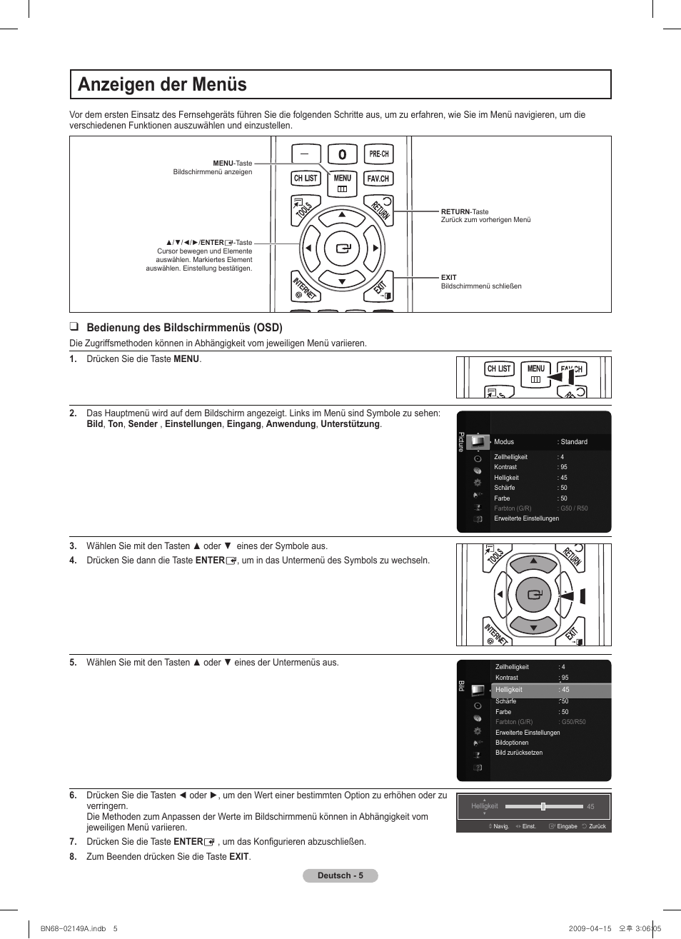 Anzeigen der menüs, Vol ch, Chlist menu fav.ch p.size mts srs p.mode cc s.mode | Samsung PS58B850Y1P User Manual | Page 32 / 95